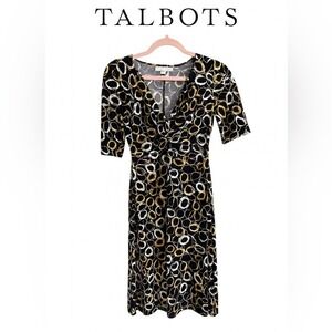 Talbots Black Abstract Print Faux Wrap Dress Size 10 Work Career Midi